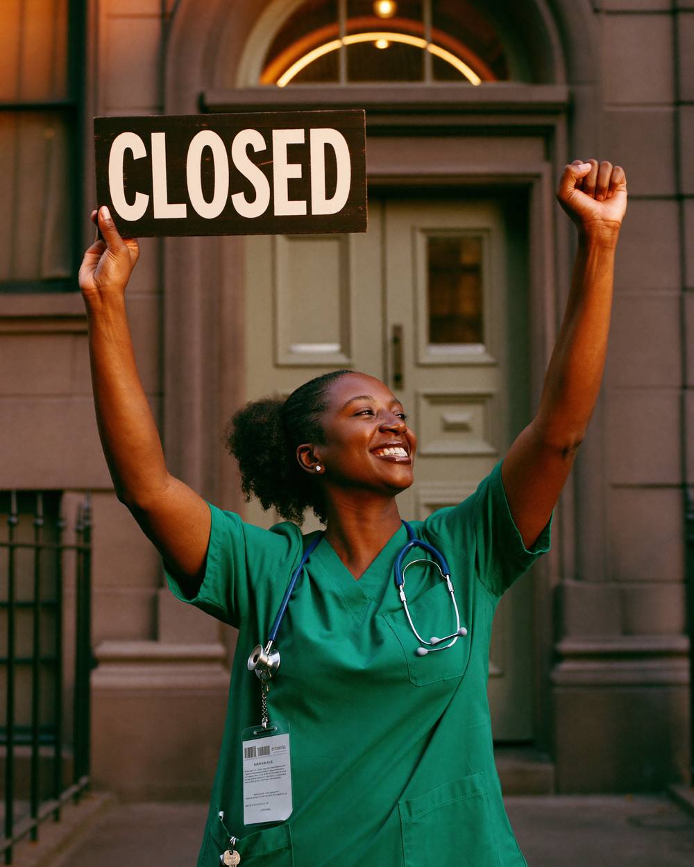 A nurse in green scrubs raises a CLOSED sign overhead outside a brownstone at sunset, celebrating.